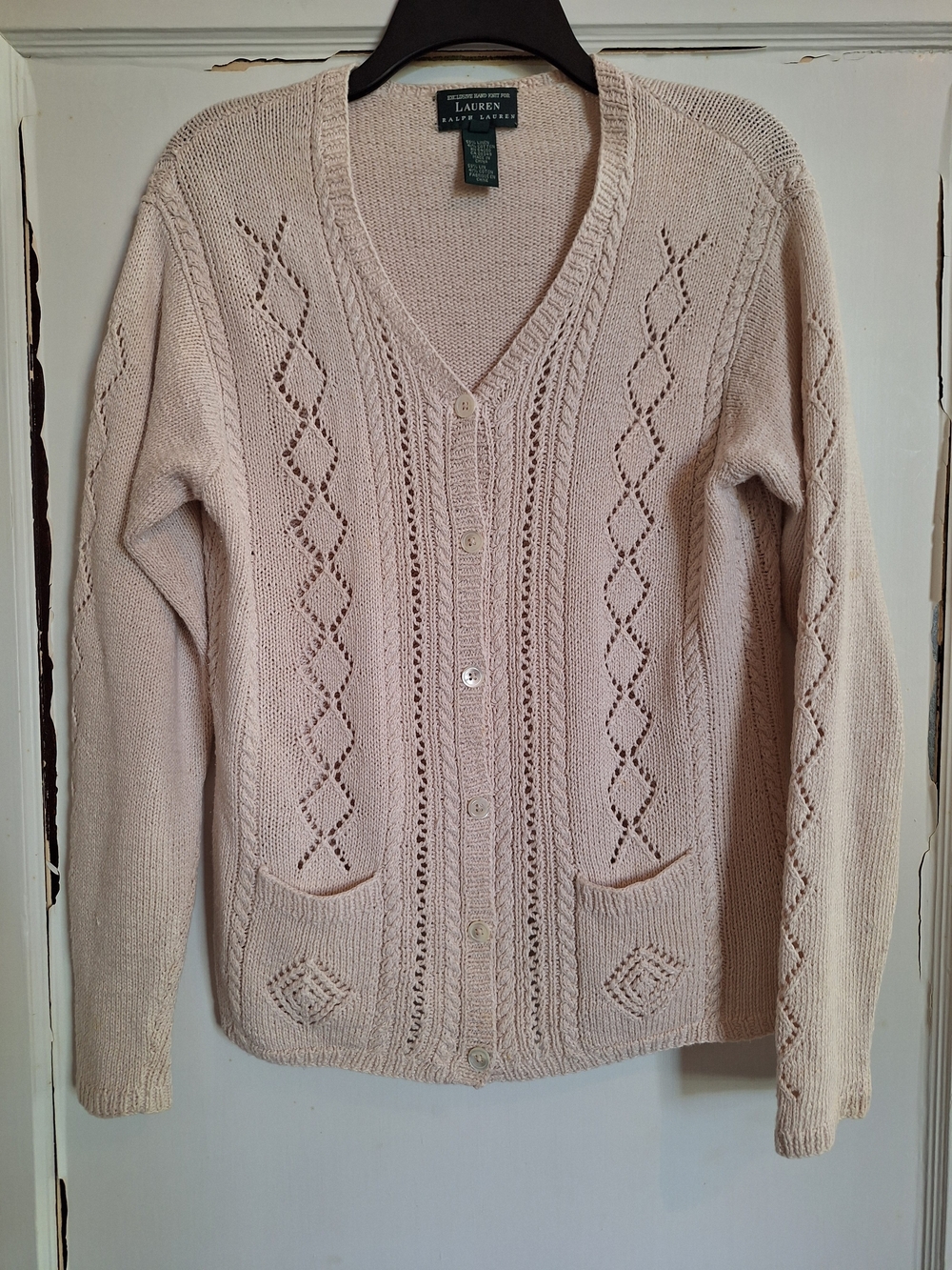 VTG Lauren Ralph Lauren Exclusive Hand Knit Sweater Cream Linen/Cotton  SZ M